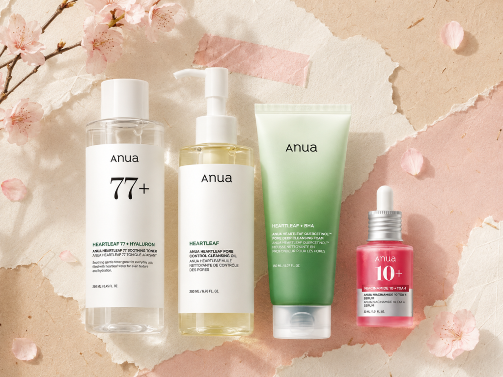 Four Anua Heartleaf skincare products arranged on a cream and sakura collage background